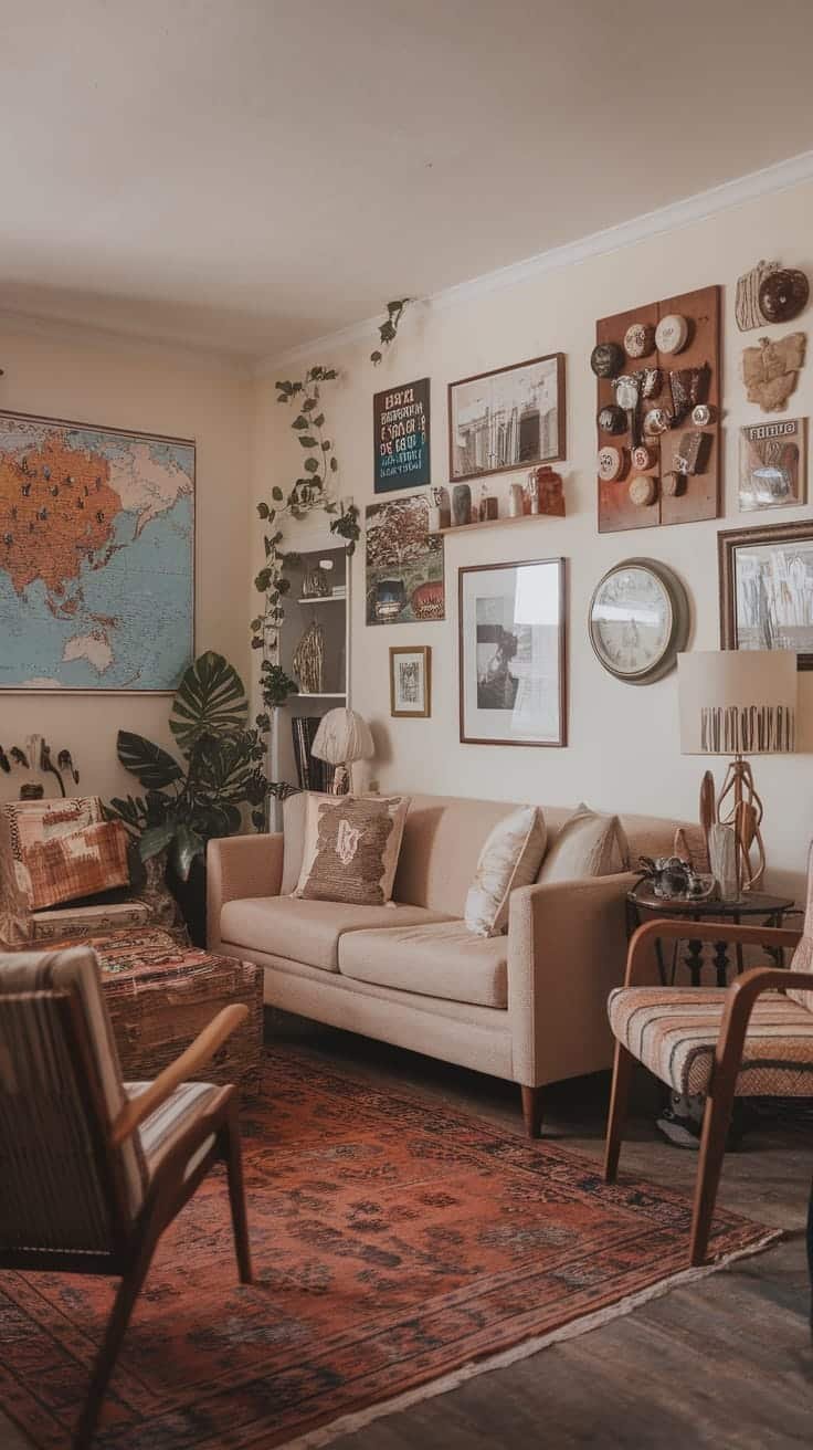 Incorporating_personal_travel_mementos A cozy living room decorated with travel mementos maps and vintage items creating a gypsy bohemian vibe