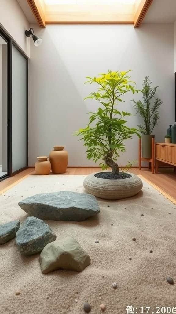 Incorporating_zen_gardens_indoors A serene indoor zen garden featuring sand rocks and a small tree
