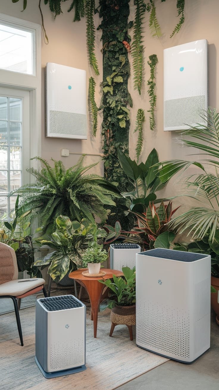 Indoor_air_quality_solutions_for_eco_houses Indoor plants and modern air purifiers in a stylish eco house