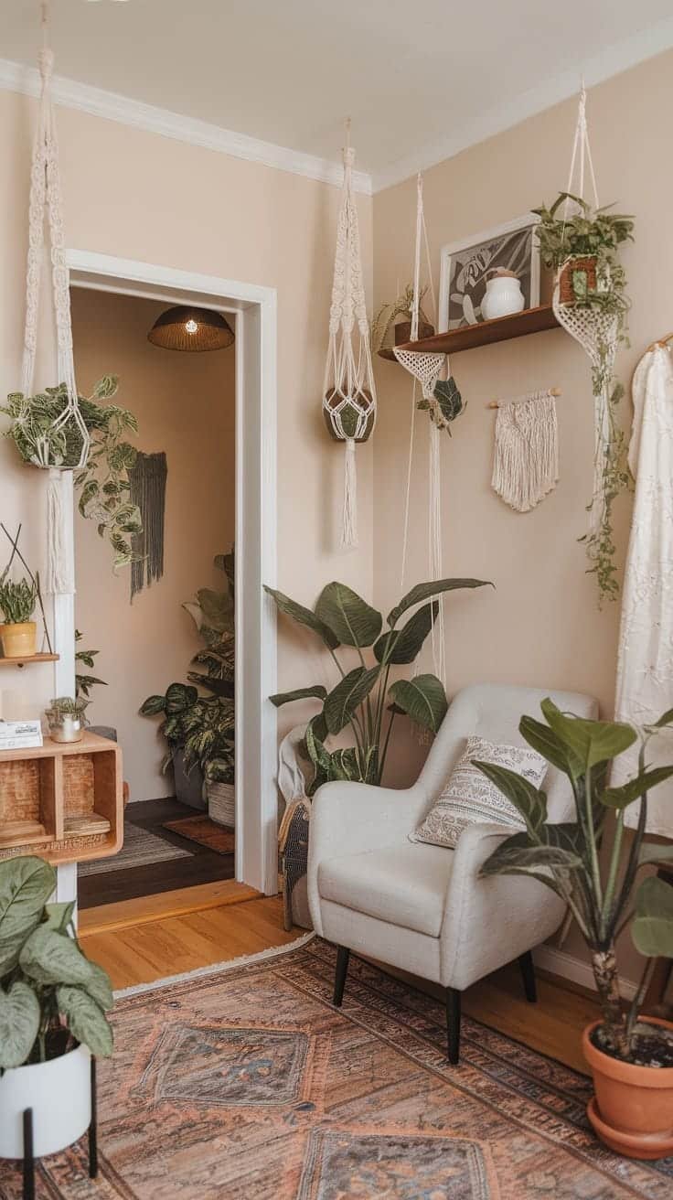 Indoor_plants_for_a_lively_touch Cozy living room with indoor plants macrame hangers and a comfortable chair