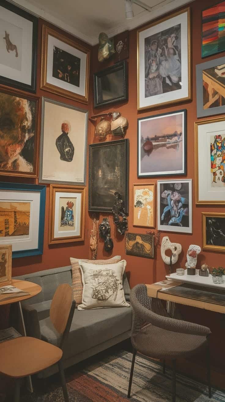 Infusing_personal_art_collections A cozy living room adorned with various artworks and a comfortable couch