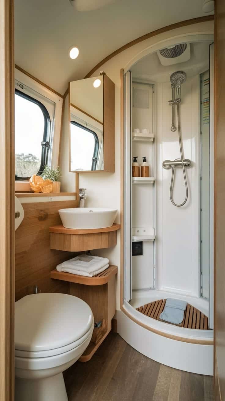 Innovative_bathroom_solutions_for_tiny_campers Innovative bathroom design in a tiny house camper with shower sink and toilet