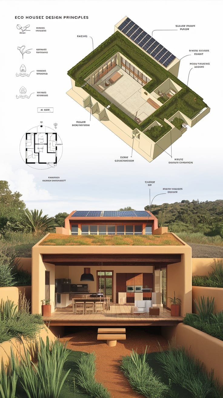 Innovative_design_principles_for_eco_houses Illustration of an eco house modular with green roof and solar panels highlighting sustainable design features