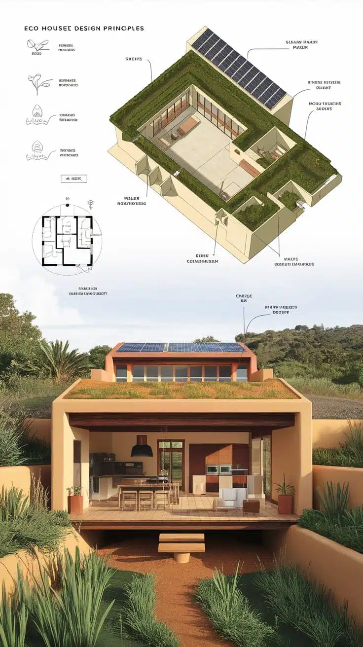 Innovative_design_principles_for_eco_houses Illustration of an eco house modular with green roof and solar panels highlighting sustainable design features