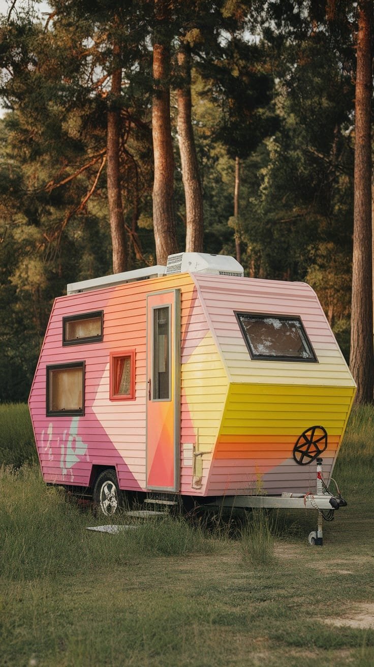 Innovative_exterior_designs_for_tiny_houses A colorful tiny house camper with a unique geometric design set among trees