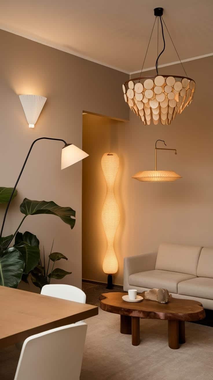 Innovative_lighting_solutions Living room with various innovative lighting options including a wooden chandelier wall sconces and a floor lamp