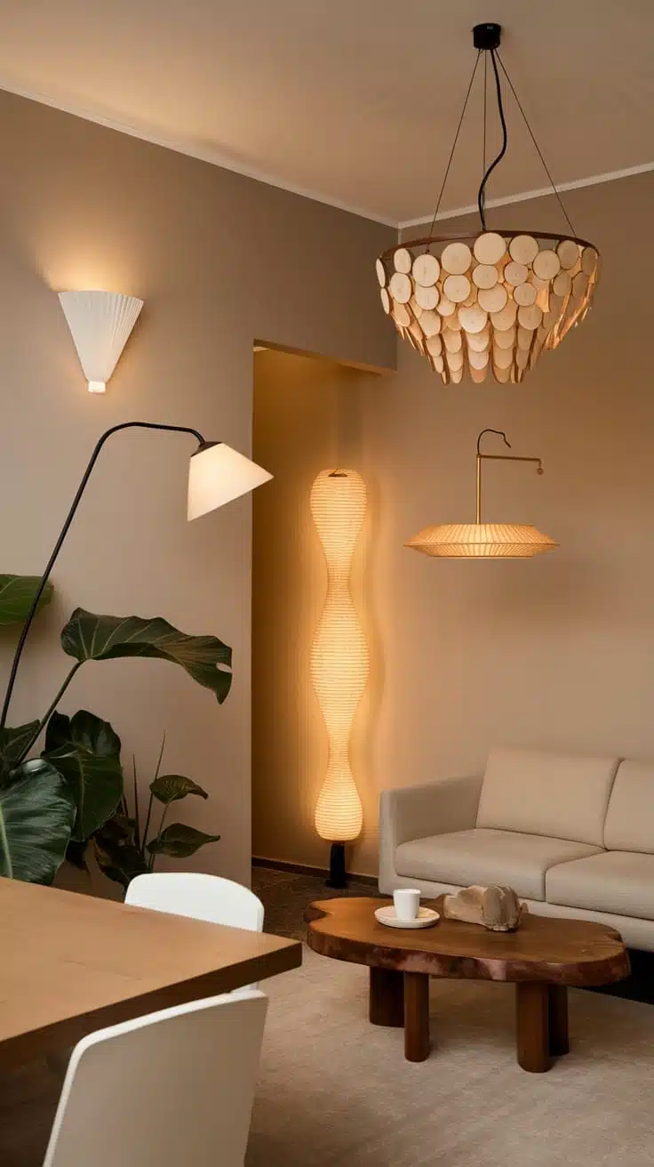 Innovative_lighting_solutions Living room with various innovative lighting options including a wooden chandelier wall sconces and a floor lamp