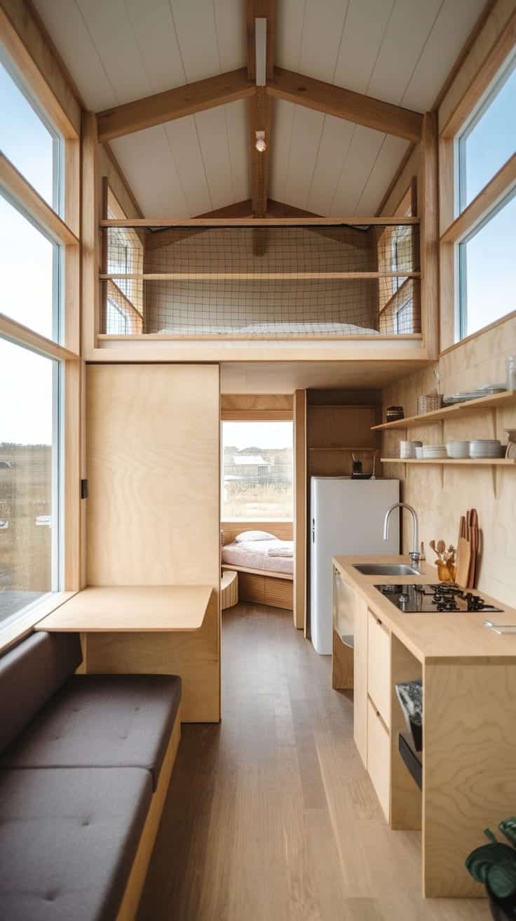 Innovative_spacesaving_designs_2 Interior of a tiny futuristic home featuring high ceilings large windows and a lofted bed