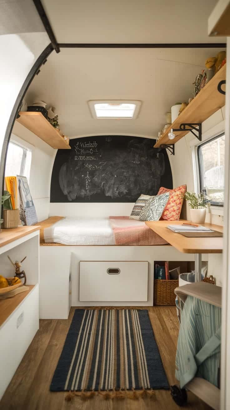 Innovative_spacesaving_designs_3 Interior of a tiny house camper featuring a cozy bed shelves and a chalkboard wall