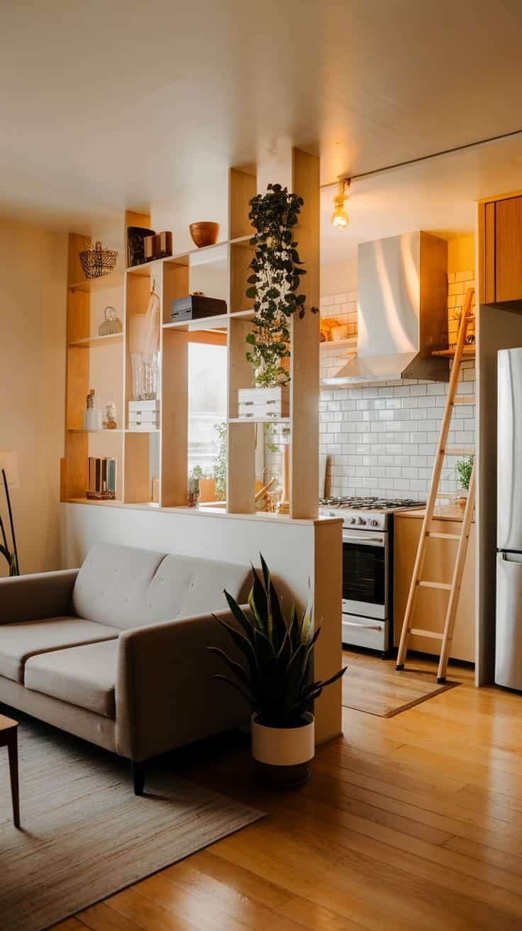 Innovative_spatial_dividers Stylish spatial divider in a small home featuring open shelves and plants