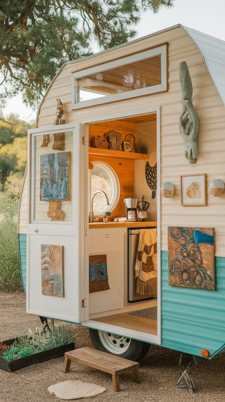 Integrating_art_into_tiny_house_spaces A tiny house camper with various artworks displayed on its exterior and interior showcasing a cozy living area