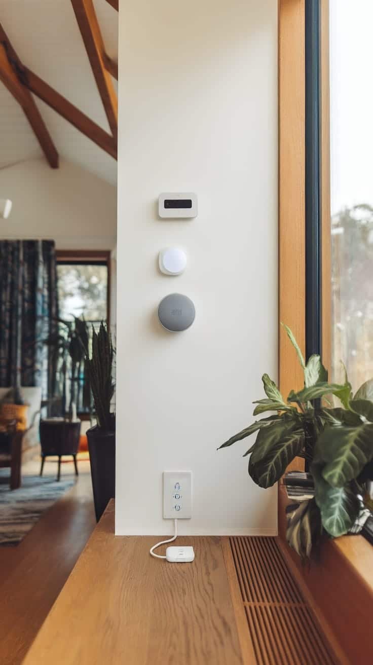 Integrating_smart_technology_in_eco_homes A wall featuring smart home devices in a modern eco house modular design