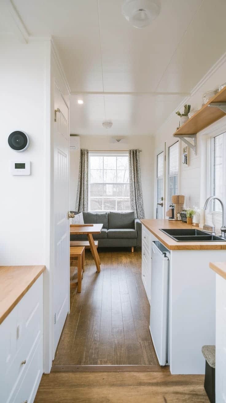 Integrating_smart_technology_into_tiny_homes Interior view of a modern tiny home with smart technology features