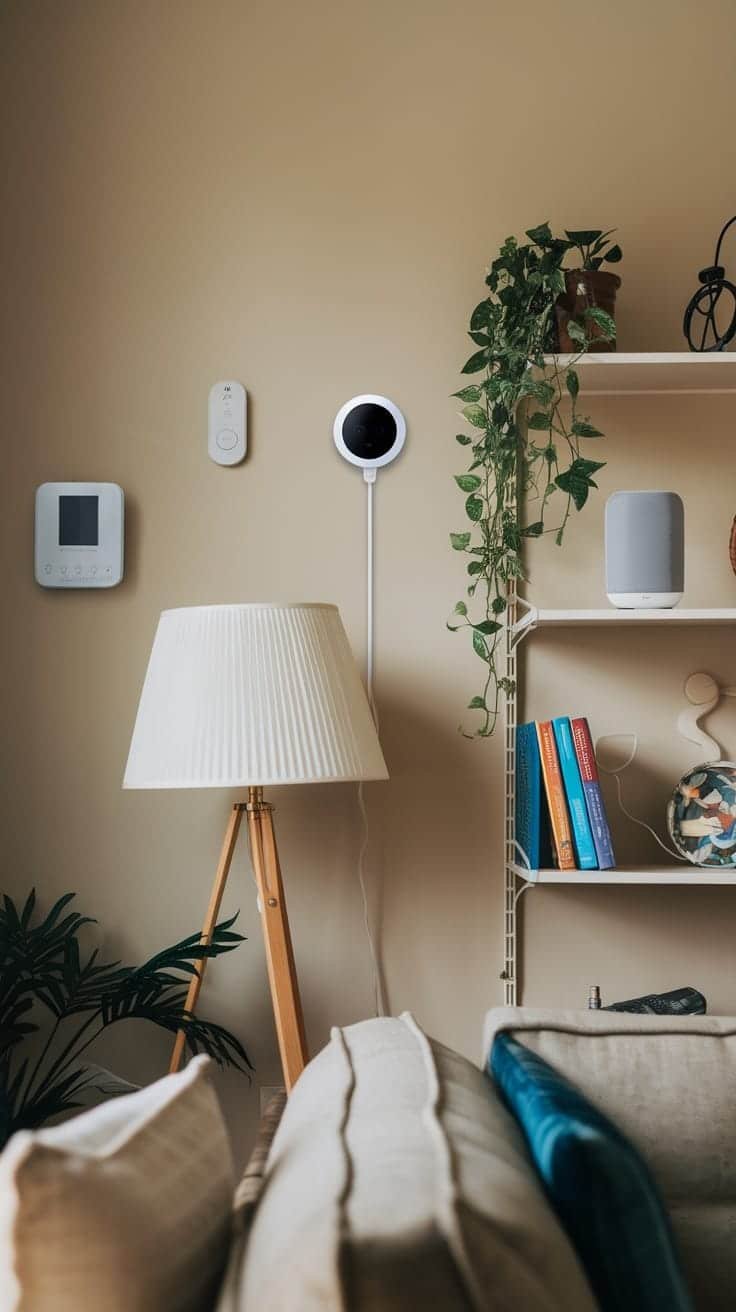 Integrating_technology_in_small_homes A cozy living room with smart home devices on the wall a lamp and books on a shelf