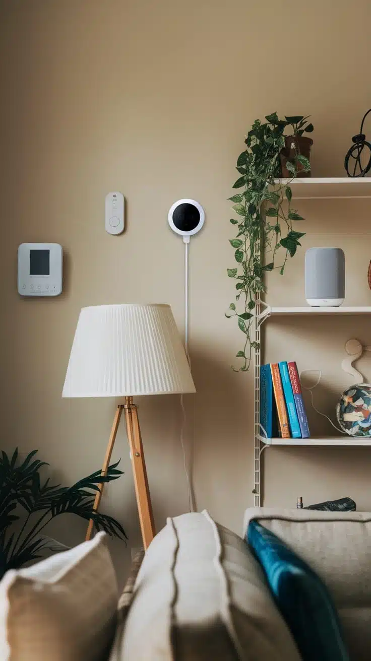 Integrating_technology_in_small_homes A cozy living room with smart home devices on the wall a lamp and books on a shelf