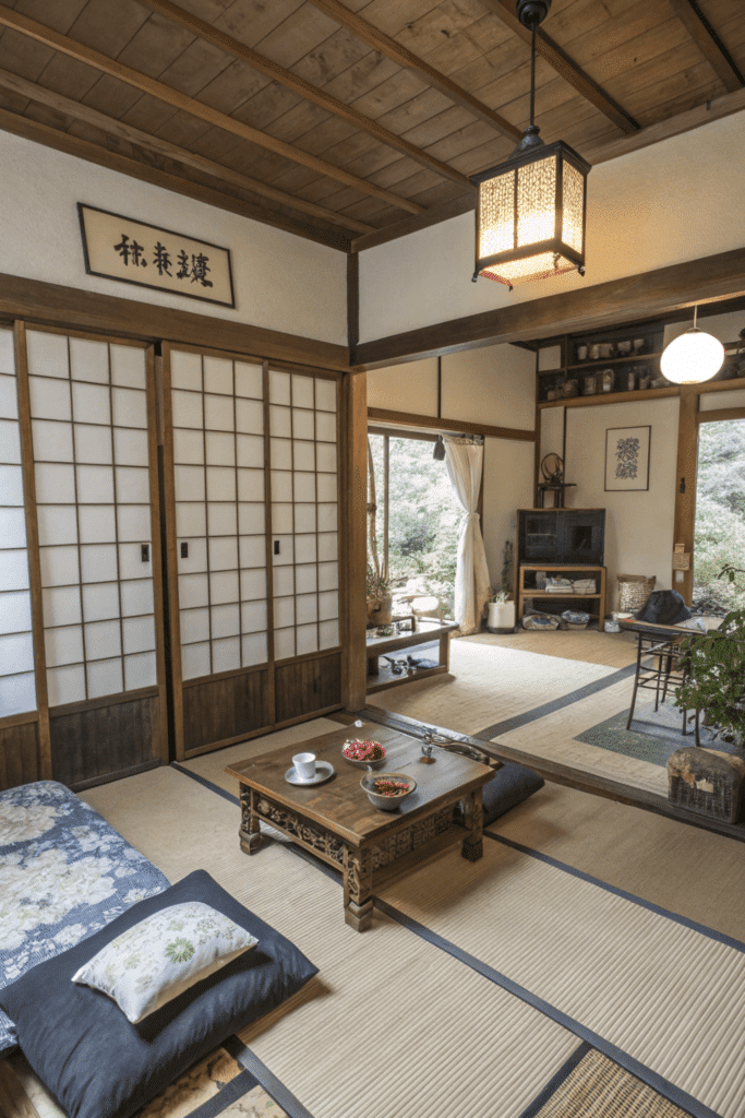 Interior of tiny japanese style house A photo of a traditional Japanese room with a tatami mat flooring wooden ceiling and a mix of natural and traditional elements The room features a wooden low table traditional Japanese style bedding a hanging lantern a television potted plants and a serene environment The room is softly lit with a warm glow from the lantern and natural light filtering through a partially open sliding door The colors are muted and natural with earthy tones prevalent