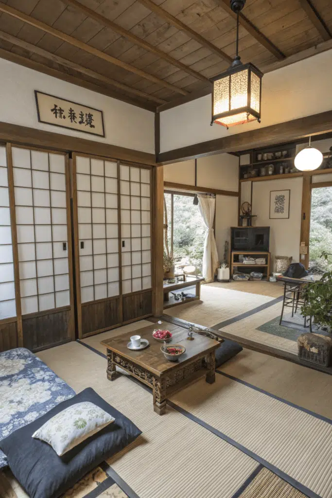 Interior of tiny japanese style house A photo of a traditional Japanese room with a tatami mat flooring wooden ceiling and a mix of natural and traditional elements The room features a wooden low table traditional Japanese style bedding a hanging lantern a television potted plants and a serene environment The room is softly lit with a warm glow from the lantern and natural light filtering through a partially open sliding door The colors are muted and natural with earthy tones prevalent