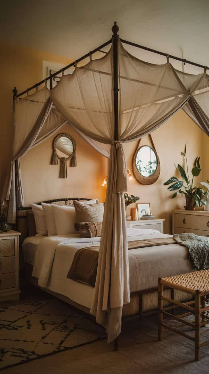 Intimate_bedroom_with_canopy_bed Cozy bedroom featuring a canopy bed draped with soft fabrics neutral colors and decor elements like mirrors and plants