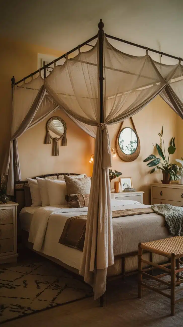 Intimate_bedroom_with_canopy_bed Cozy bedroom featuring a canopy bed draped with soft fabrics neutral colors and decor elements like mirrors and plants