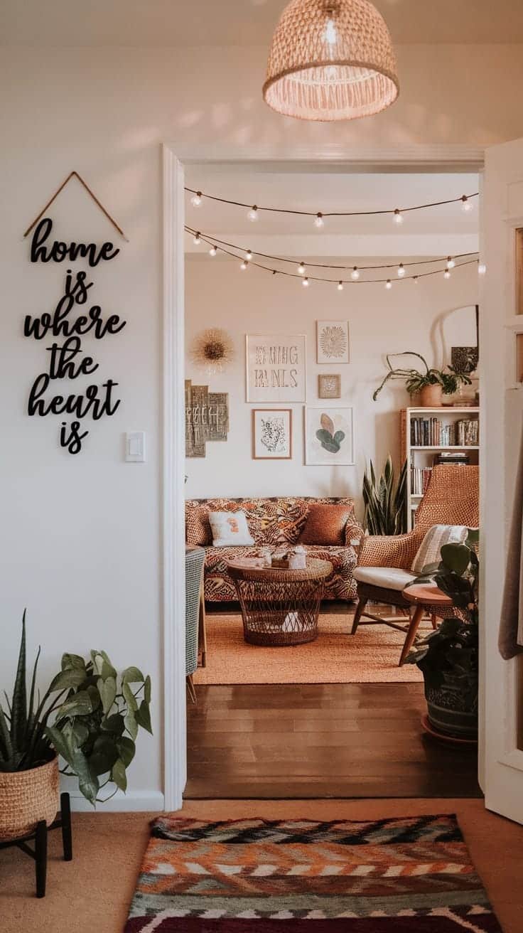 Inviting_entryways_with_bohemian_flair A cozy gypsy bohemian living room with warm colors plants and welcoming decor
