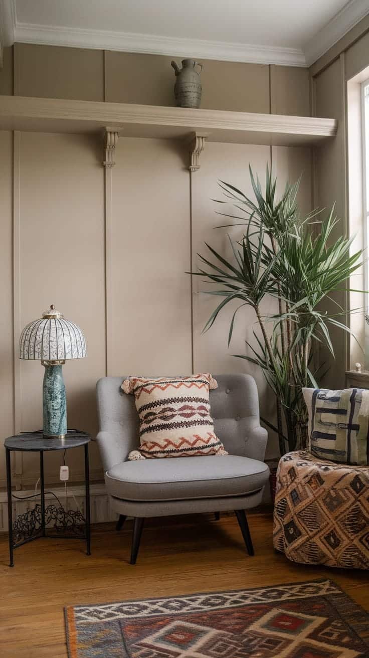Inviting_gathering_spaces A grey chair with colorful pillows in a cozy living room setting