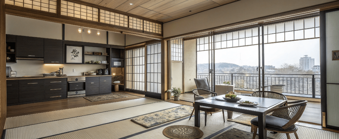 A photo of a modern spacious apartment with a contemporary design The room features a blend of natural wood elements tatami mats and large windows that provide a view of the cityscape The interior is furnished with a wooden dining table chairs a kitchen area with dark wooden cabinets a few plants and a large window with a railing The room is well lit with natural light filtering through the large windows The view outside includes the cityscape and some architectural structures