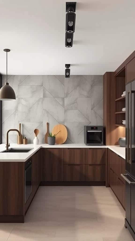 Japaneseinspired_kitchen_designs Modern Japanese kitchen with dark wood cabinetry and light countertops