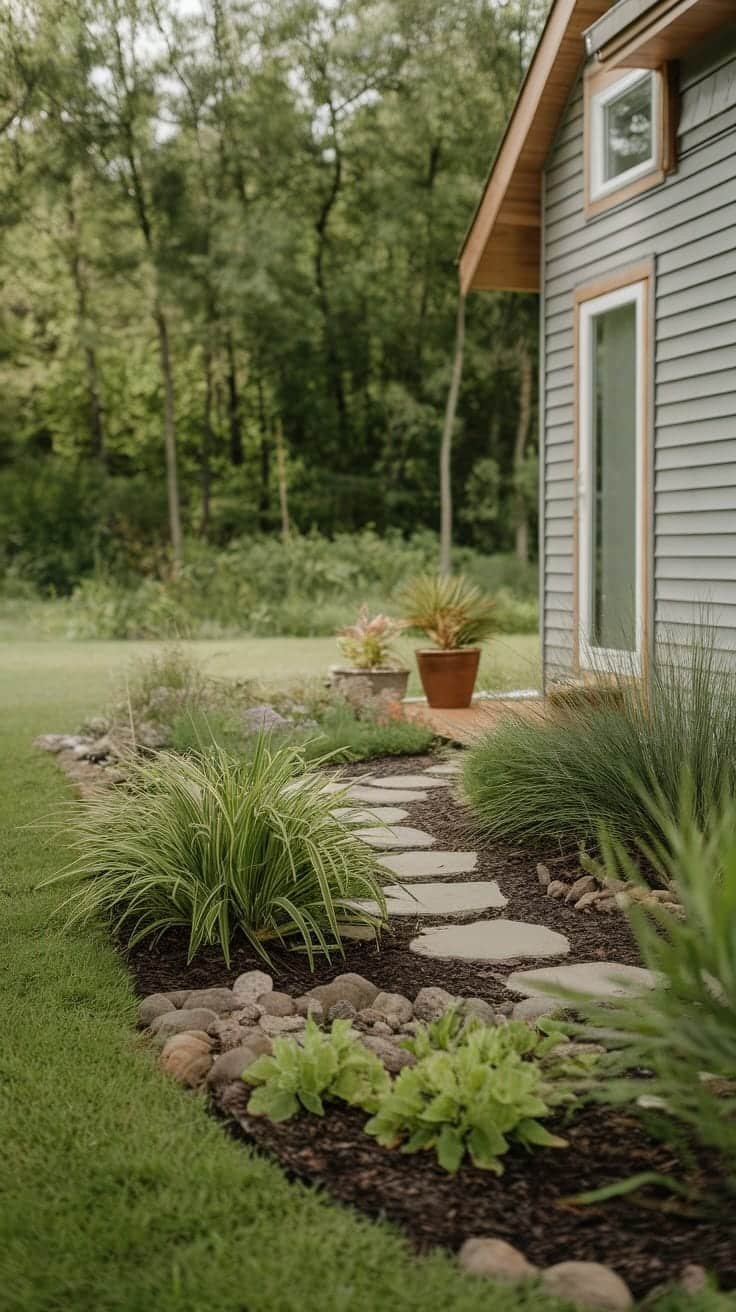 Landscaping_around_tiny_homes A landscaped path leading to a tiny home with various plants and stones