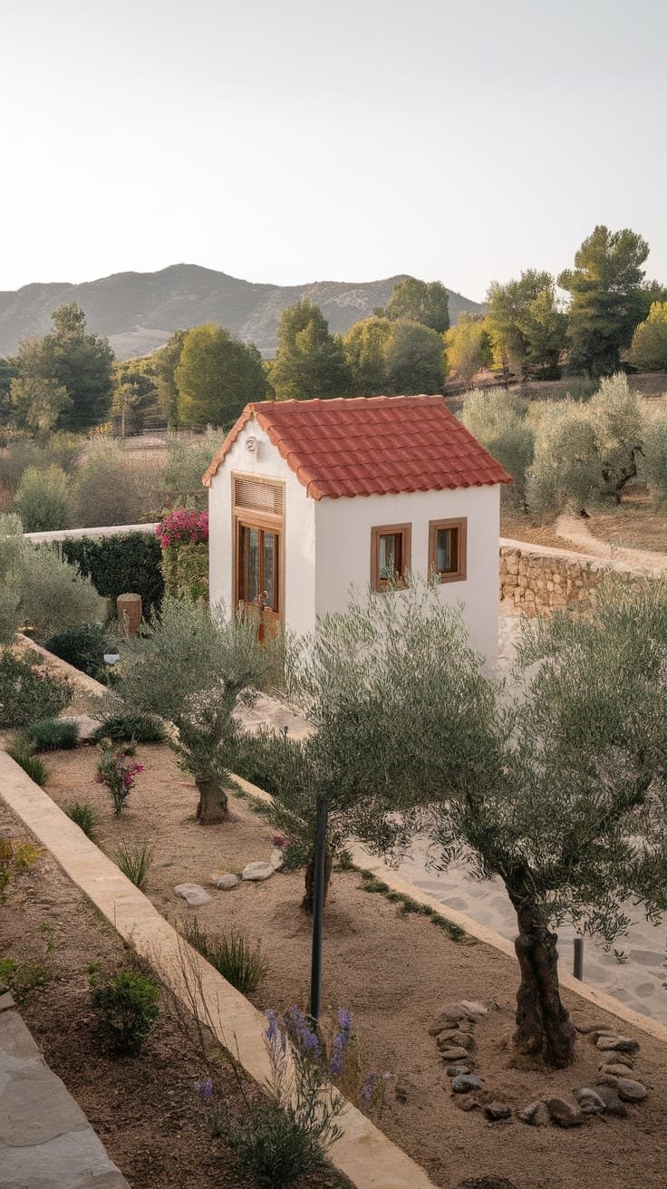 Landscaping_ideas_for_spanishinspired_tiny_homes A small Spanish style house with a red tile roof surrounded by olive trees and flowering plants