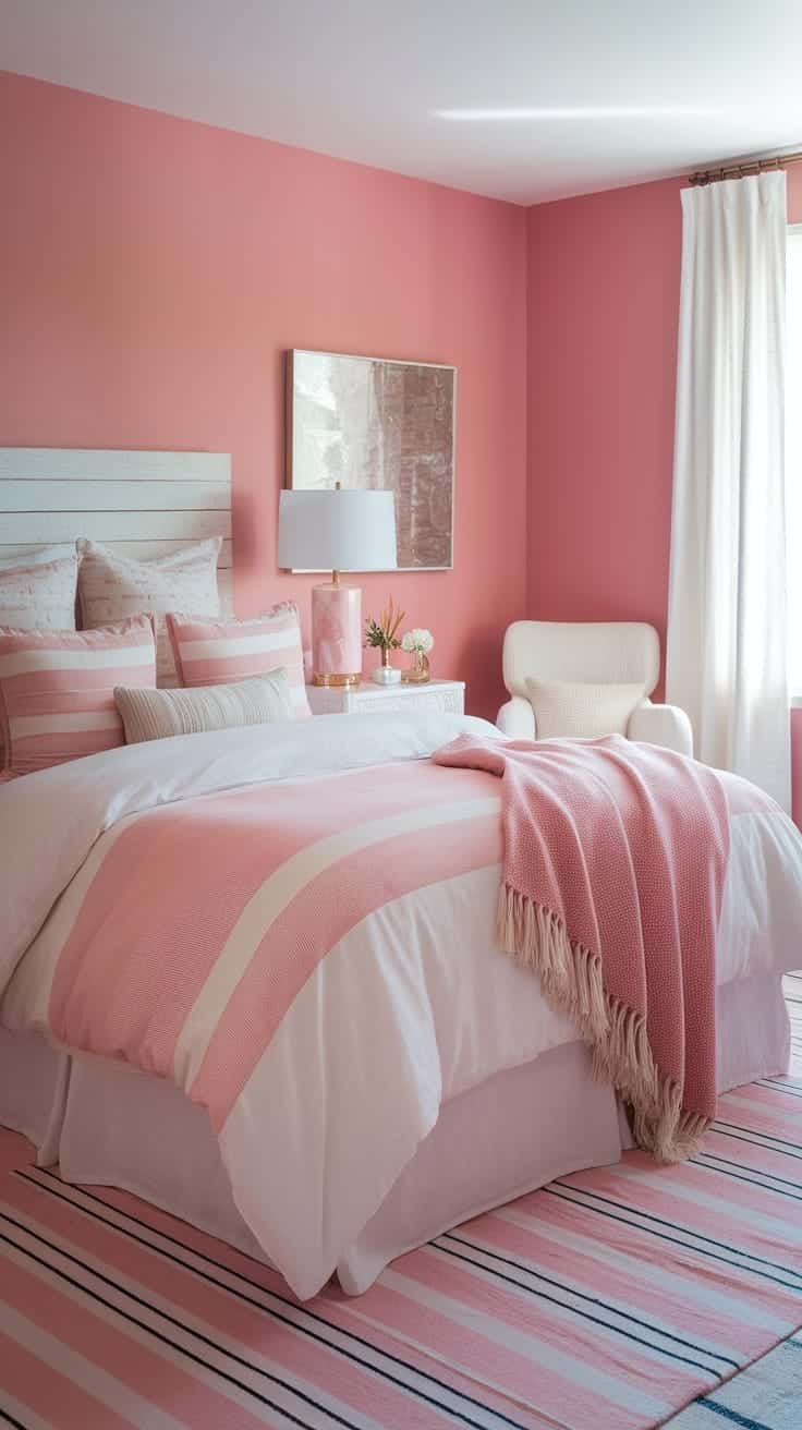 Layered_bedding_combinations A pink boho bedroom featuring layered bedding with various textures and patterns
