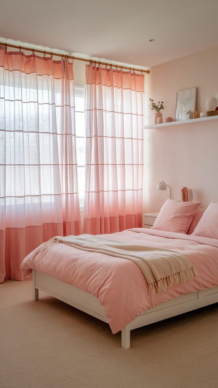 Layered_curtains_for_privacy A pink boho bedroom featuring layered curtains and soft bedding