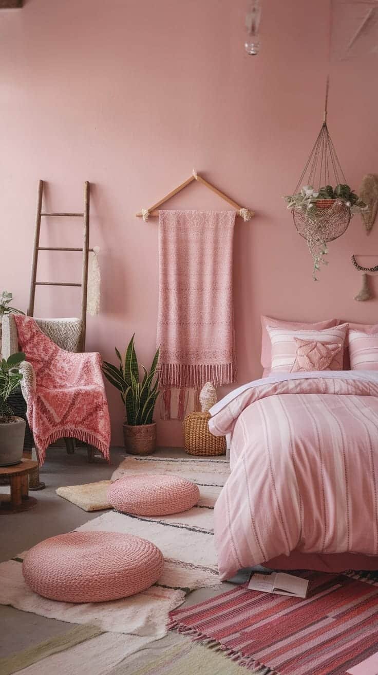 Layered_rugs_for_comfort Cozy pink boho bedroom with layered rugs