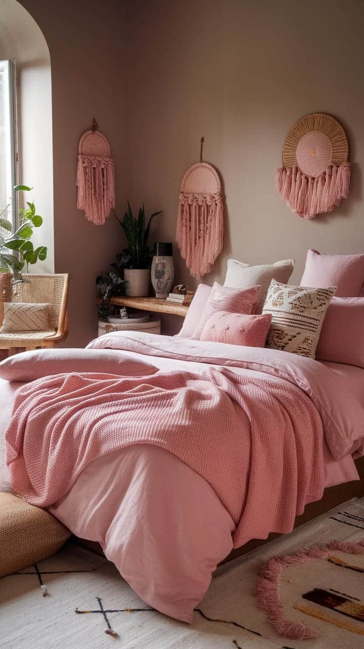 Layered_textiles_for_comfort_1 A cozy pink boho bedroom featuring layered textiles