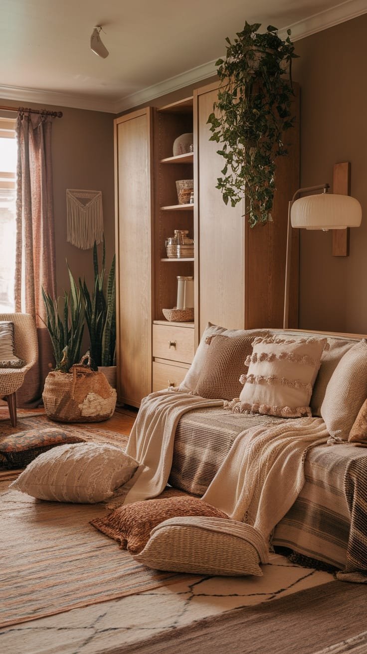 Layered_textiles_for_comfort_2 A cozy gypsy bohemian living room with layered textiles and comfortable seating