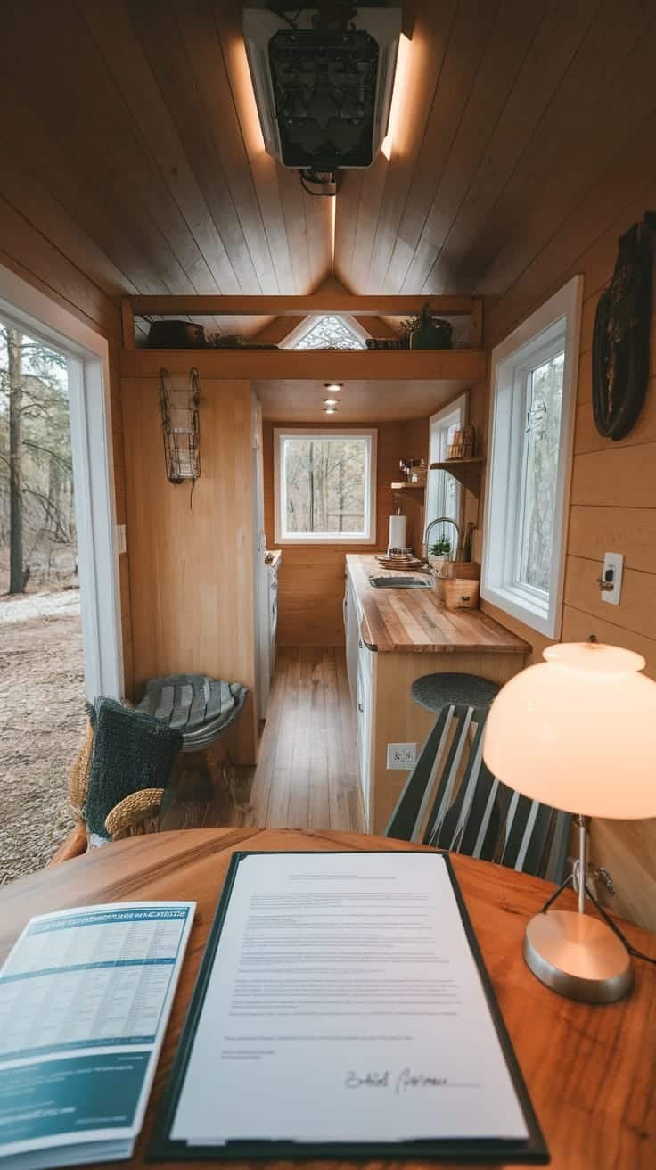 Legal_considerations_for_tiny_homes_in_aspen Interior view of a tiny home with a table lamp and kitchen area highlighting legal documents
