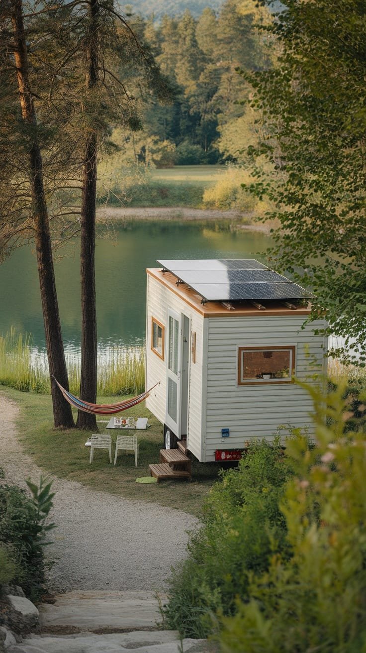 Living_off_the_grid_in_a_tiny_house_camper A tiny house camper by a serene lake featuring solar panels and a hammock