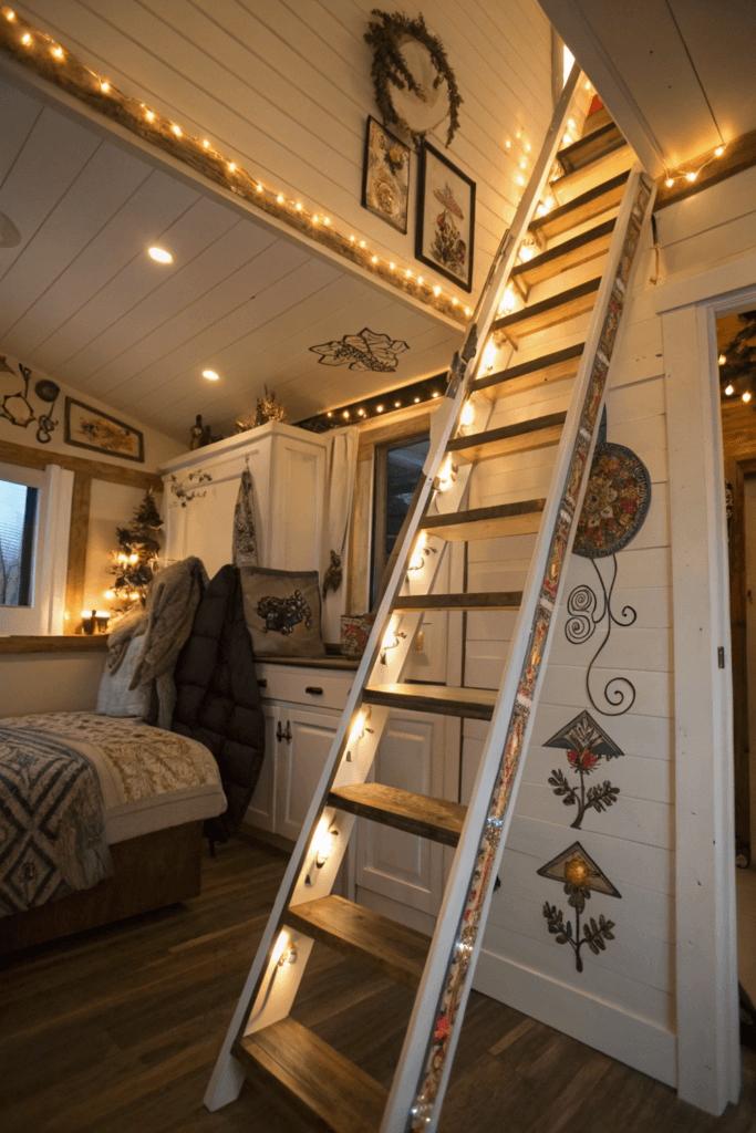 Lof ladder ideas A rustic style bedroom with a cozy and inviting atmosphere The room features a white wooden staircase with a series of steps a traditional wooden railing and a decorative wreath on the wall The walls are adorned with framed artworks and decorative elements and the room is illuminated by warm soft lighting The furniture is simple and functional and there is a bed with a textured blanket on the left side of the room The overall color palette is warm and earthy