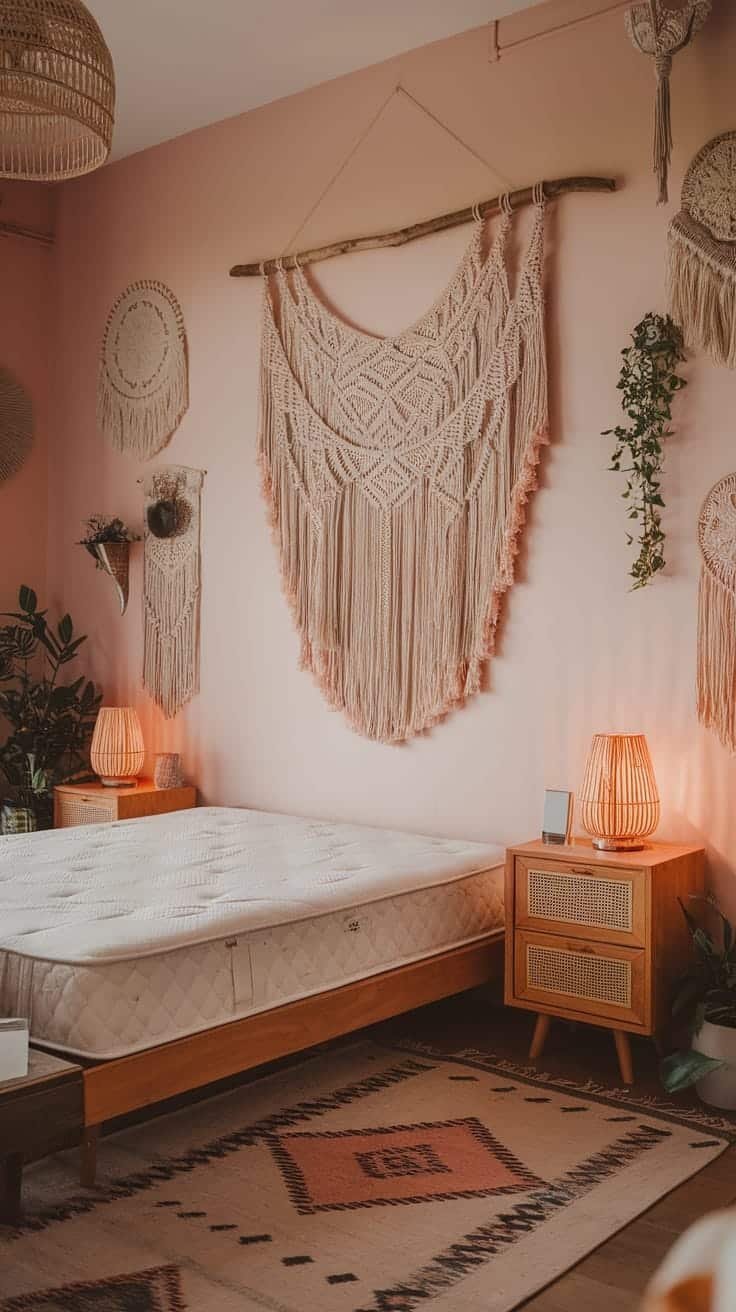 Macramc3a9_wall_hangings_and_accents A pink boho bedroom featuring macramé wall hangings a wooden bed frame warm lighting and a patterned rug