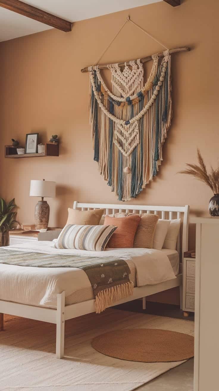 Macrame_wall_hangings A beautifully styled macrame wall hanging in a cozy bedroom with a warm color palette