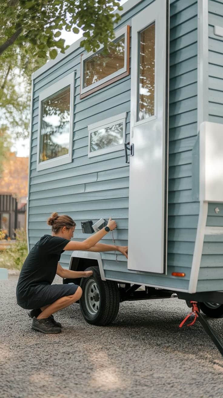 Maintaining_your_tiny_house_on_wheels A person performing maintenance on their tiny house on wheels