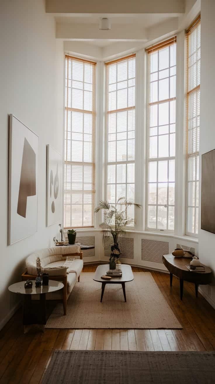 Maximizing_natural_light A bright living room with large windows and plants showcasing natural light in a small home