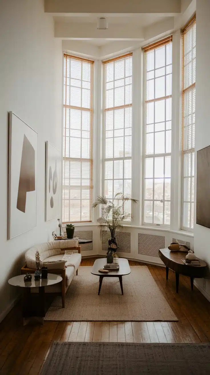 Maximizing_natural_light A bright living room with large windows and plants showcasing natural light in a small home