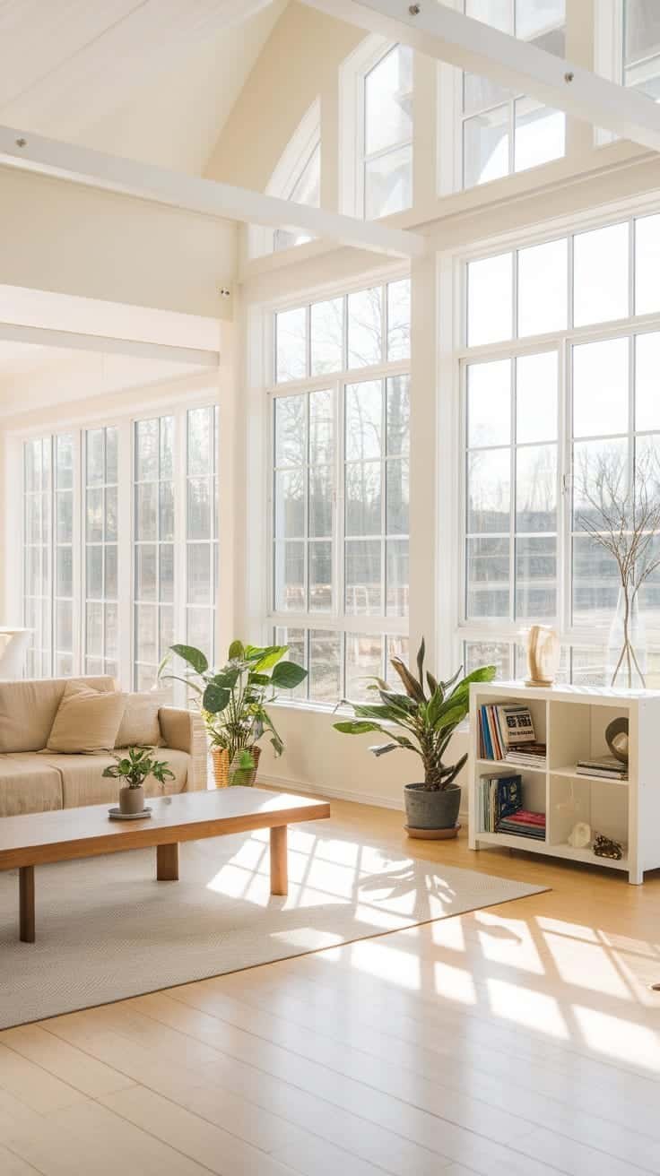 Maximizing_natural_light_in_modular_designs Bright and airy interior of an eco house with large windows and plants