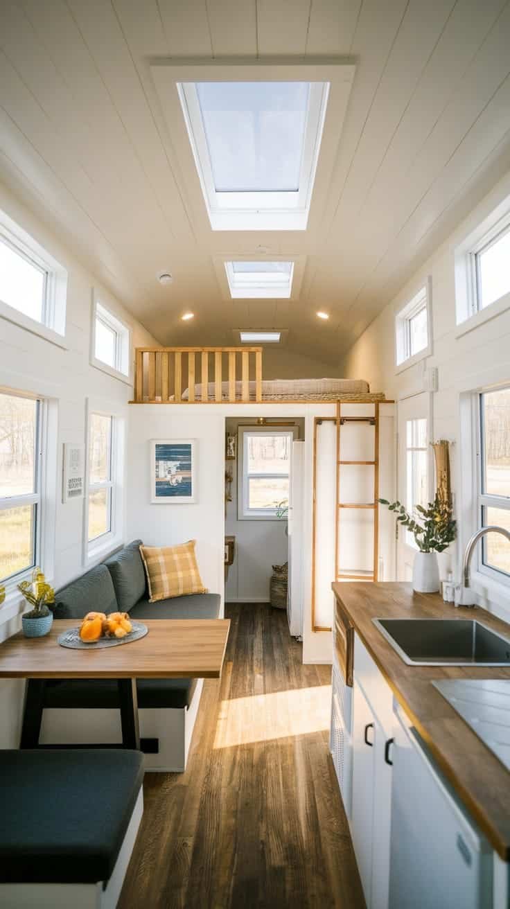Maximizing_natural_light_in_tiny_spaces Interior of a tiny house camper with large windows and skylights