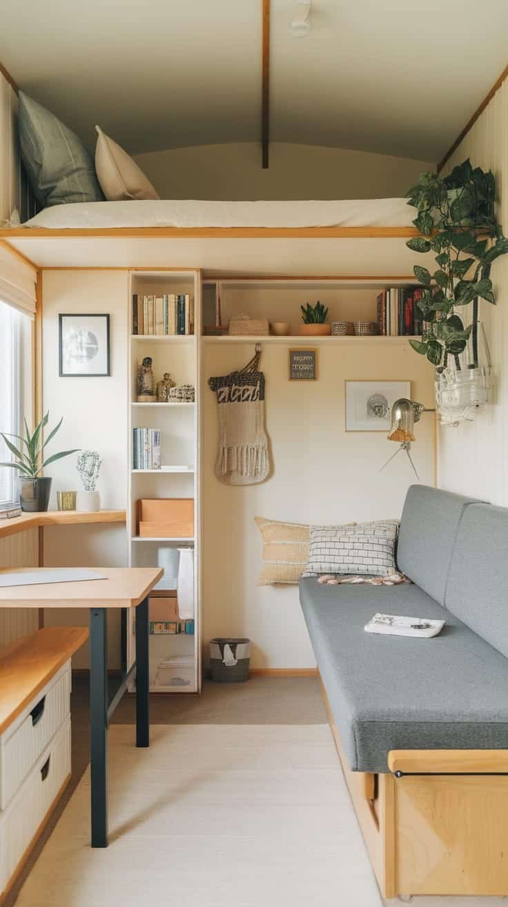 Maximizing_space_in_small_living_areas Interior of a tiny home featuring a loft bed seating area and organized storage