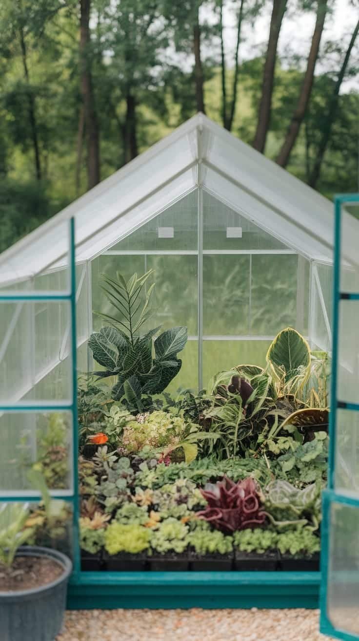 Mini_greenhouses_for_tiny_gardens A mini greenhouse filled with various plants set in a green area