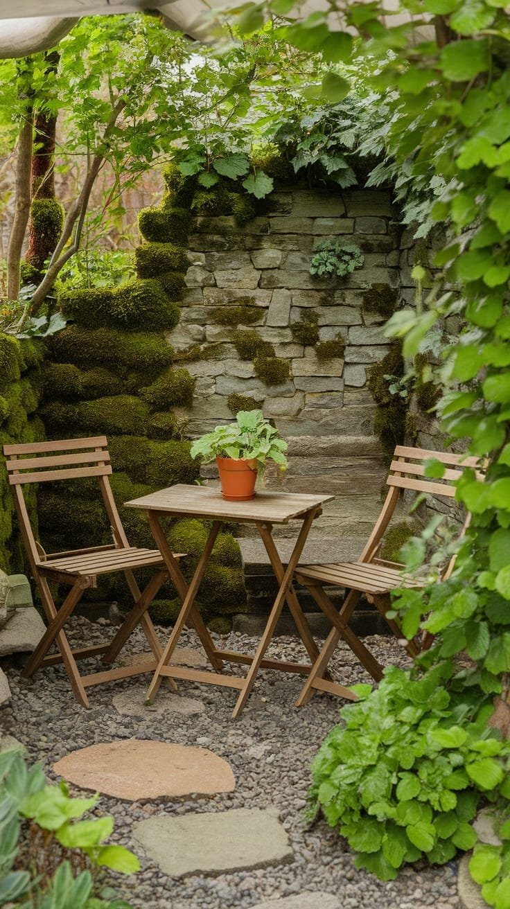 Miniature_garden_furniture_for_decor A cozy corner with a small wooden table and chairs surrounded by greenery