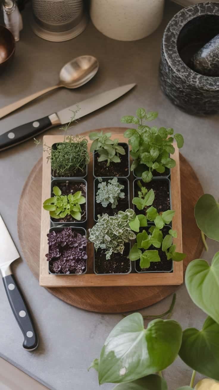 Miniature_herb_gardens A wooden tray with various small potted herbs arranged neatly There's a knife and spoon nearby, indicating a kitchen setting.