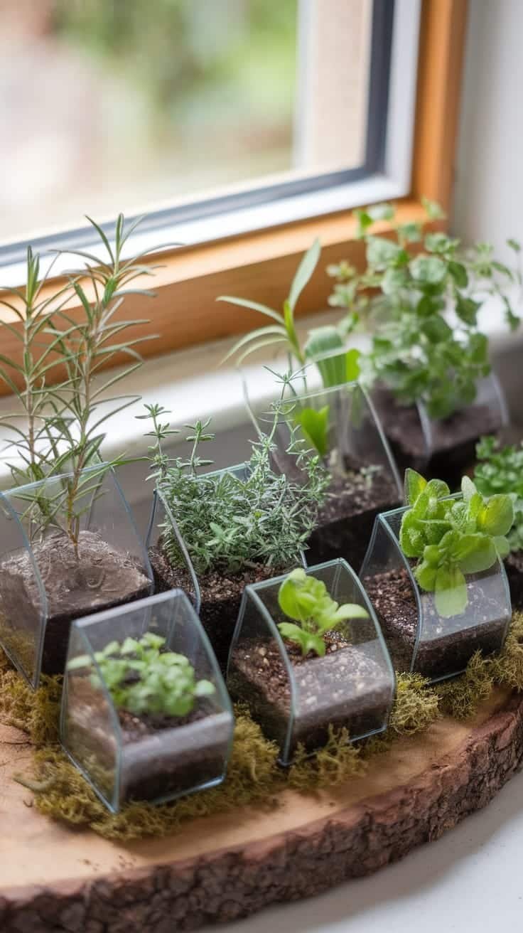 Miniature_herb_terrariums A collection of miniature herb terrariums arranged by a window