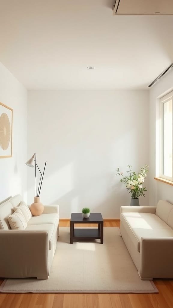 Minimalist_aesthetic_in_japanese_apartments Interior of a minimalist Japanese apartment with a cozy living area featuring a light colored sofa a small table and plants